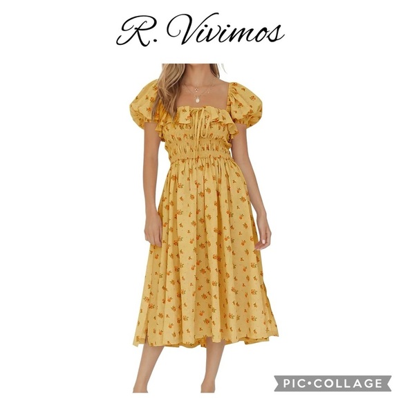 R. Vivimos Floral Print square neck Puff Sleeves  Ruffles Midi Dress size M  NWT - Picture 1 of 12